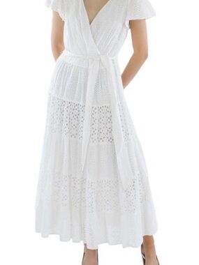 Lauren Ralph Lauren White Eyelet Wrap Maxi Dress with Tie Waist, like new